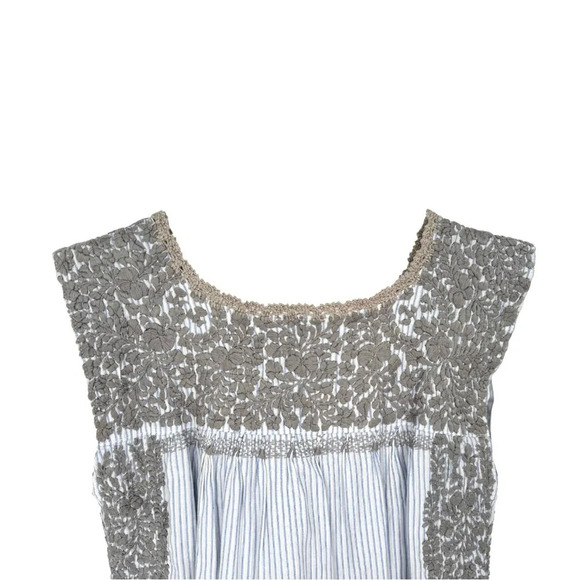 Mi Golondrina Sleeveless Embroidered Blouse in Blue White Stripe and Gray XS - Picture 4 of 5